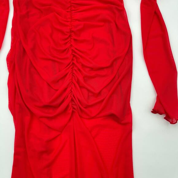 Majorelle | Elise Cherry Red Mesh Ruched Off Shoulder Midi Dress S - Picture 13 of 16